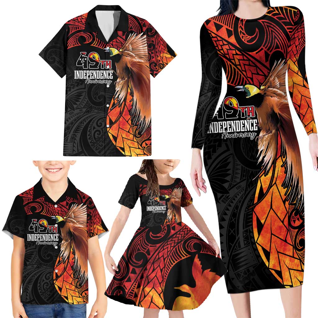 Papua New Guinea Personalised Family Matching Long Sleeve Bodycon Dress and Hawaiian Shirt Grunge Style 49th Independence Anni LT7 - Polynesian Pride