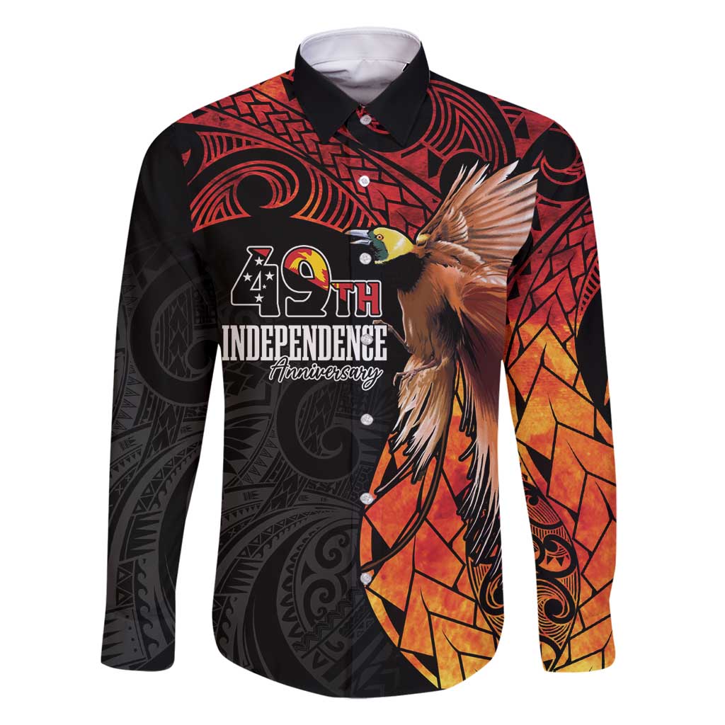 Papua New Guinea Personalised Family Matching Long Sleeve Bodycon Dress and Hawaiian Shirt Grunge Style 49th Independence Anni LT7 Dad's Shirt - Long Sleeve Black Red - Polynesian Pride