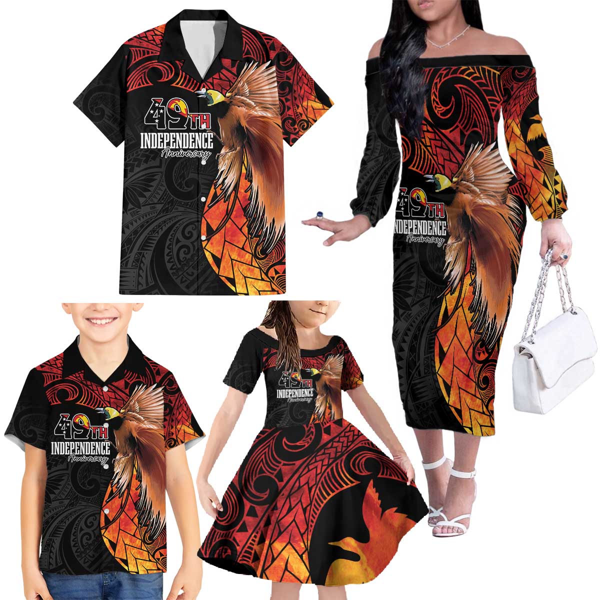 Papua New Guinea Personalised Family Matching Off The Shoulder Long Sleeve Dress and Hawaiian Shirt Grunge Style 49th Independence Anni LT7 - Polynesian Pride