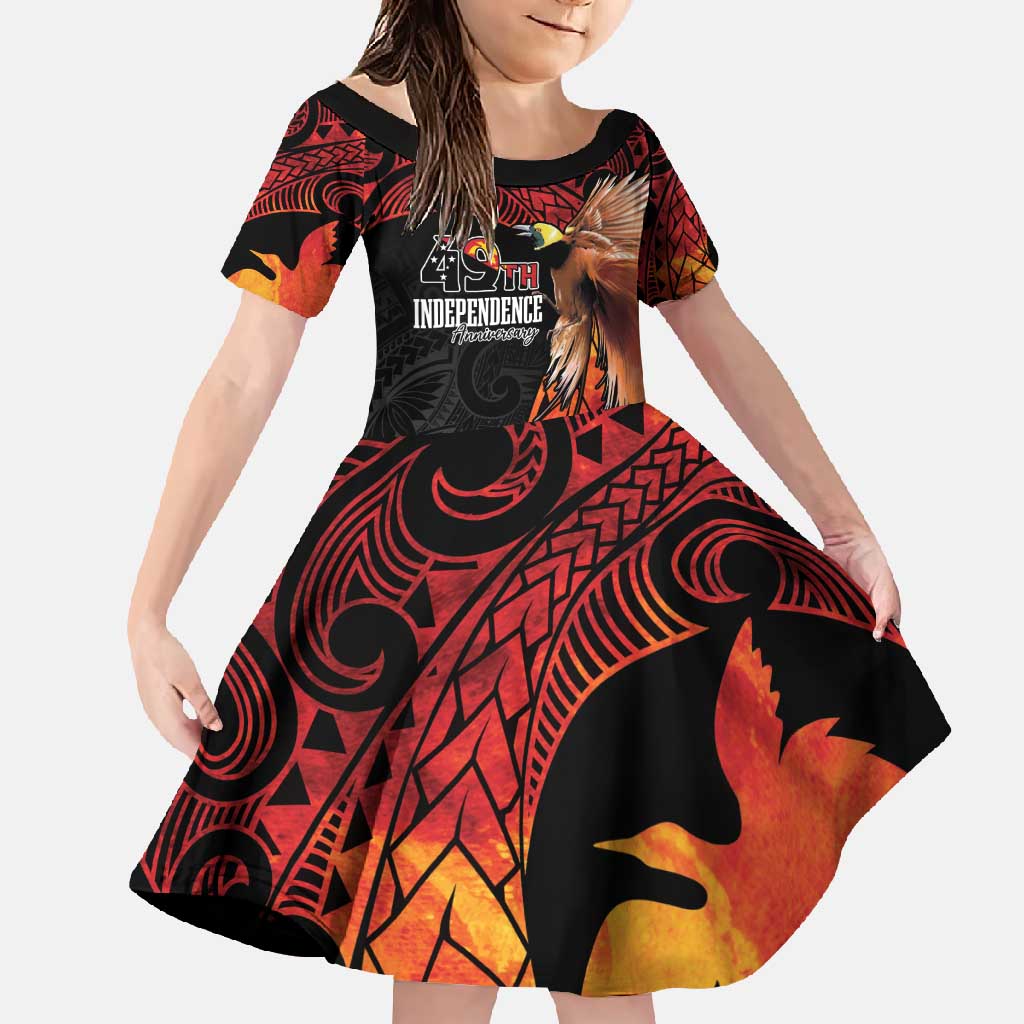 Papua New Guinea Personalised Family Matching Off Shoulder Maxi Dress and Hawaiian Shirt Grunge Style 49th Independence Anni LT7 Daughter's Dress Black Red - Polynesian Pride