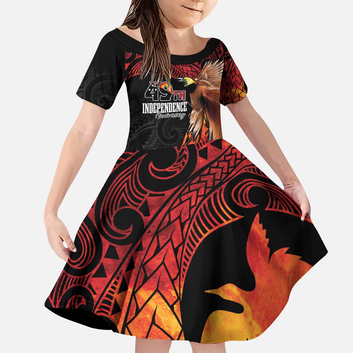 Papua New Guinea Personalised Family Matching Puletasi and Hawaiian Shirt Grunge Style 49th Independence Anni LT7 Daughter's Dress Black Red - Polynesian Pride