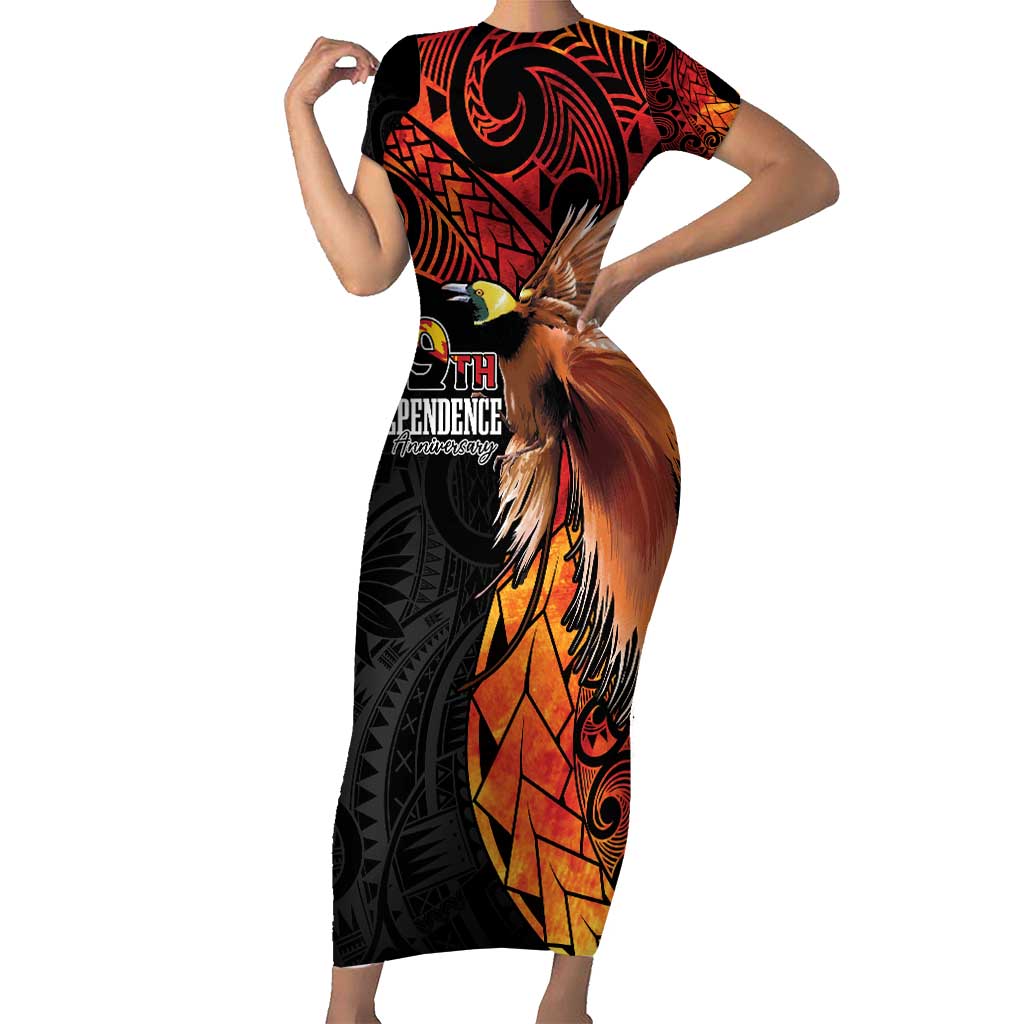 Papua New Guinea Personalised Family Matching Short Sleeve Bodycon Dress and Hawaiian Shirt Grunge Style 49th Independence Anni LT7 Mom's Dress Black Red - Polynesian Pride