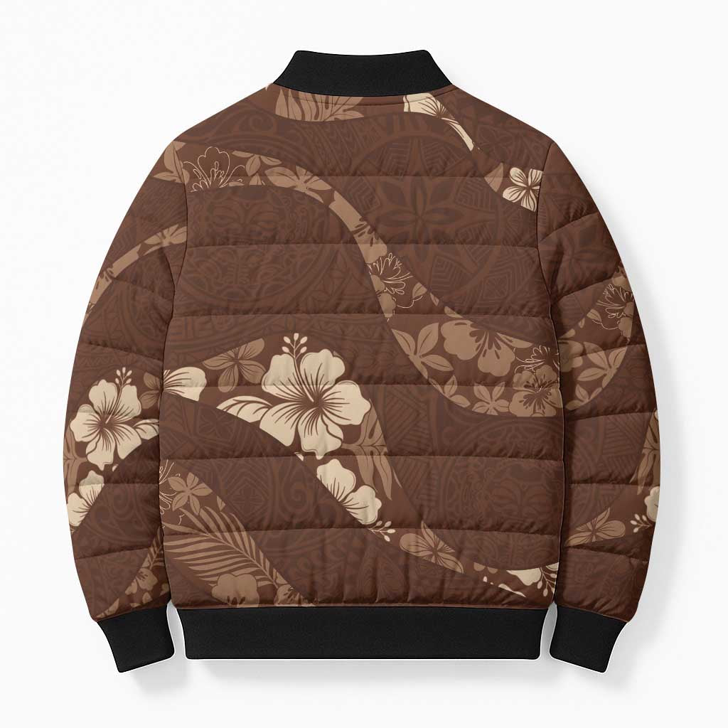 Aloha Hawaii Floral Tapa Bomber Puffer Jacket Patchwork Mocha - Polynesian Pride