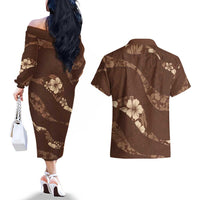 Aloha Hawaii Floral Tapa Couples Matching Off The Shoulder Long Sleeve Dress and Hawaiian Shirt Patchwork Mocha LT7 - Polynesian Pride