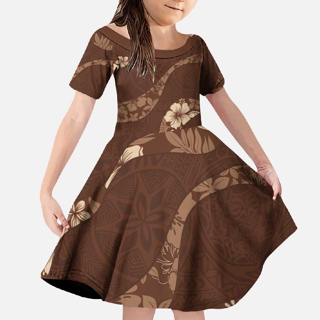 Aloha Hawaii Floral Tapa Family Matching Mermaid Dress and Hawaiian Shirt Patchwork Mocha LT7 Daughter's Dress Mocha - Polynesian Pride