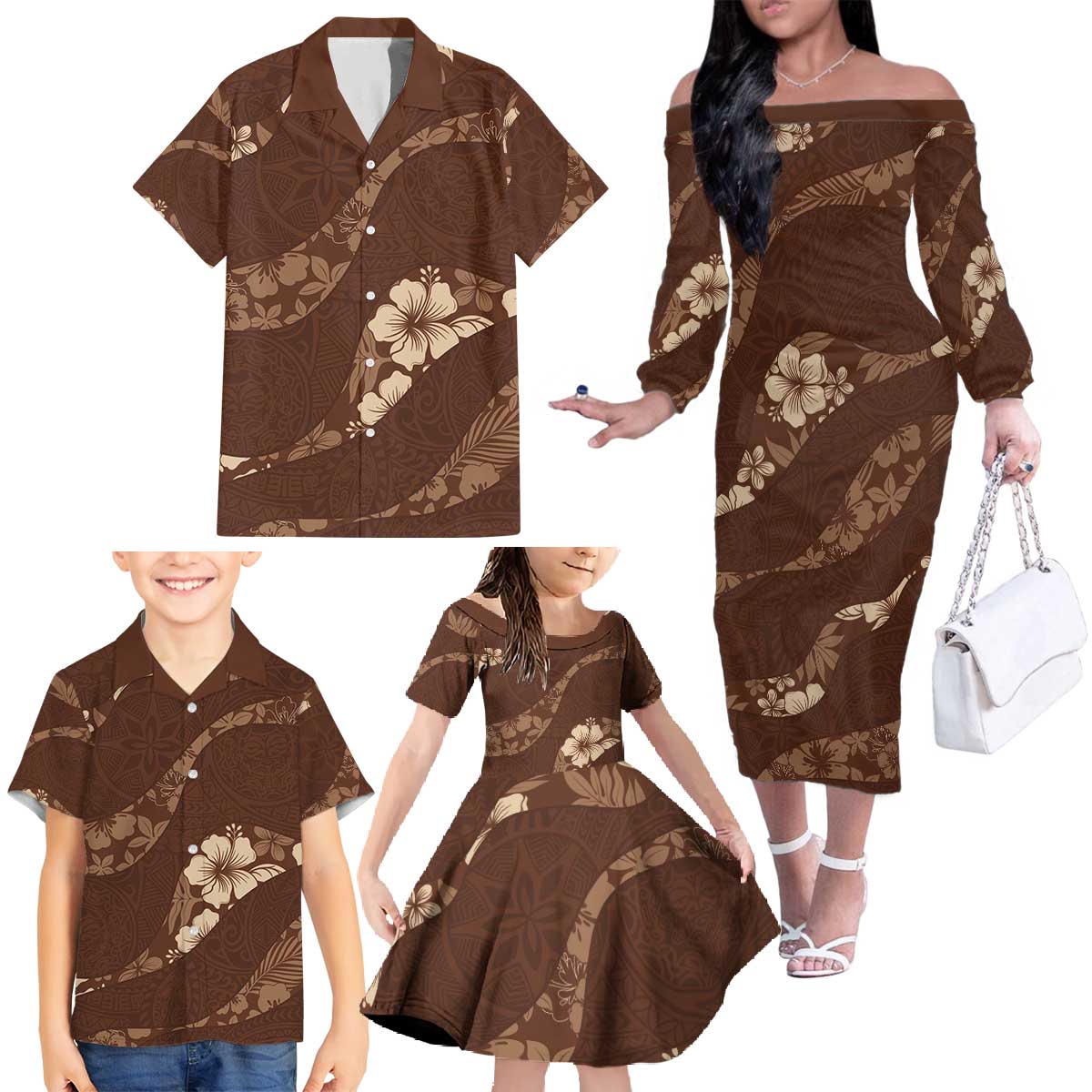 Aloha Hawaii Floral Tapa Family Matching Off The Shoulder Long Sleeve Dress and Hawaiian Shirt Patchwork Mocha LT7 - Polynesian Pride