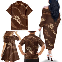 Aloha Hawaii Floral Tapa Family Matching Off The Shoulder Long Sleeve Dress and Hawaiian Shirt Patchwork Mocha LT7 - Polynesian Pride