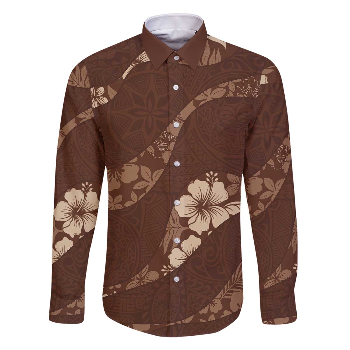 Aloha Hawaii Floral Tapa Family Matching Off The Shoulder Long Sleeve Dress and Hawaiian Shirt Patchwork Mocha LT7 Dad's Shirt - Long Sleeve Mocha - Polynesian Pride