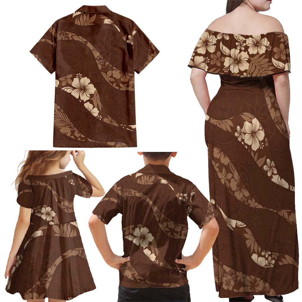 Aloha Hawaii Floral Tapa Family Matching Off Shoulder Maxi Dress and Hawaiian Shirt Patchwork Mocha LT7 - Polynesian Pride