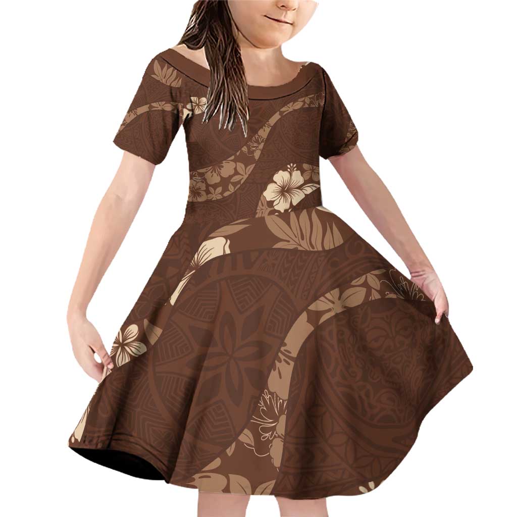 Aloha Hawaii Floral Tapa Family Matching Off Shoulder Short Dress and Hawaiian Shirt Patchwork Mocha LT7 Daughter's Dress Mocha - Polynesian Pride