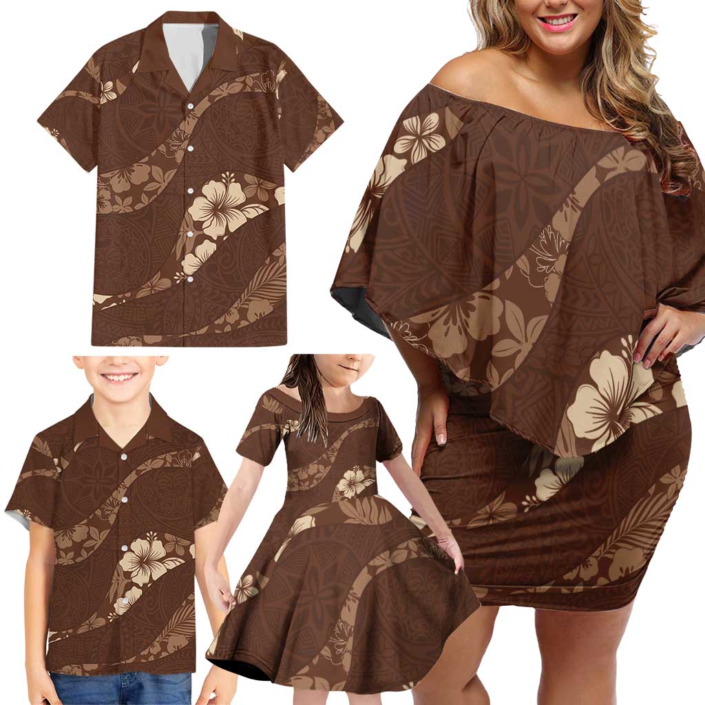 Aloha Hawaii Floral Tapa Family Matching Off Shoulder Short Dress and Hawaiian Shirt Patchwork Mocha LT7 - Polynesian Pride