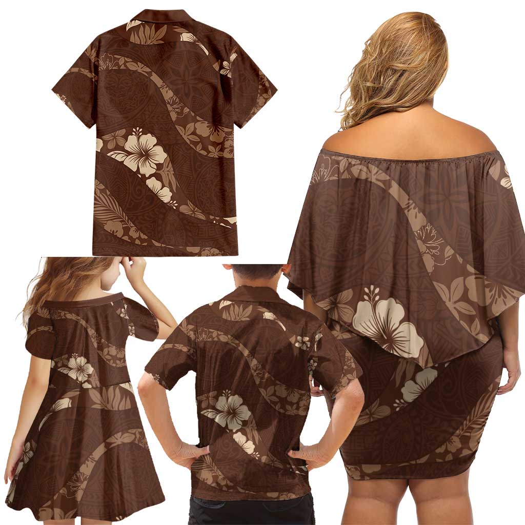 Aloha Hawaii Floral Tapa Family Matching Off Shoulder Short Dress and Hawaiian Shirt Patchwork Mocha LT7 - Polynesian Pride