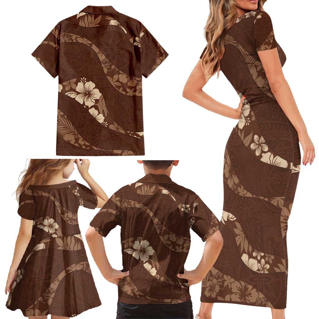 Aloha Hawaii Floral Tapa Family Matching Short Sleeve Bodycon Dress and Hawaiian Shirt Patchwork Mocha LT7 - Polynesian Pride
