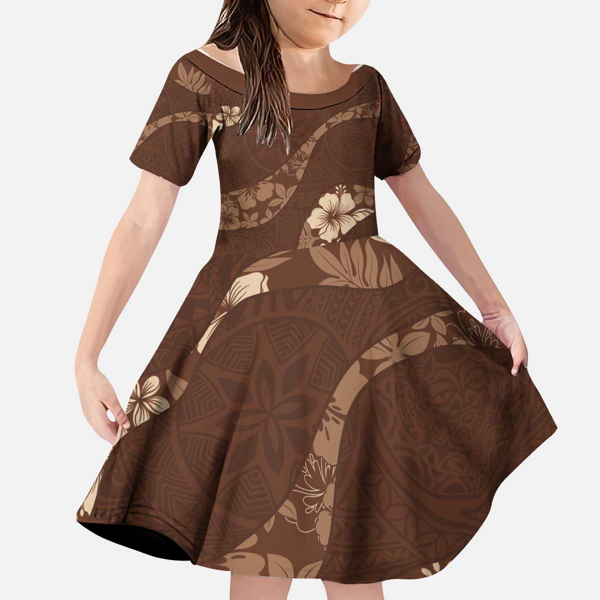 Aloha Hawaii Floral Tapa Kid Short Sleeve Dress Patchwork Mocha LT7 KID Mocha - Polynesian Pride