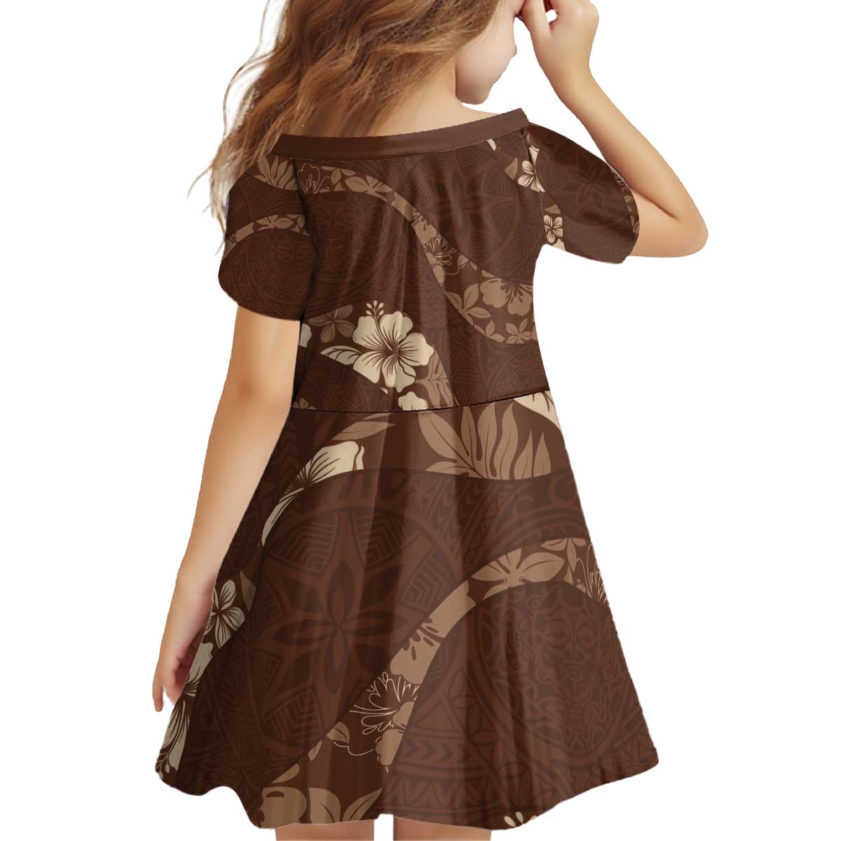 Aloha Hawaii Floral Tapa Kid Short Sleeve Dress Patchwork Mocha LT7 - Polynesian Pride