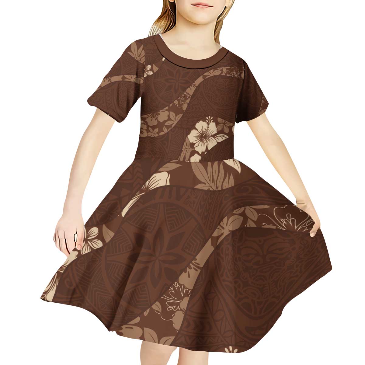Aloha Hawaii Floral Tapa Kid Short Sleeve Dress Patchwork Mocha LT7 - Polynesian Pride