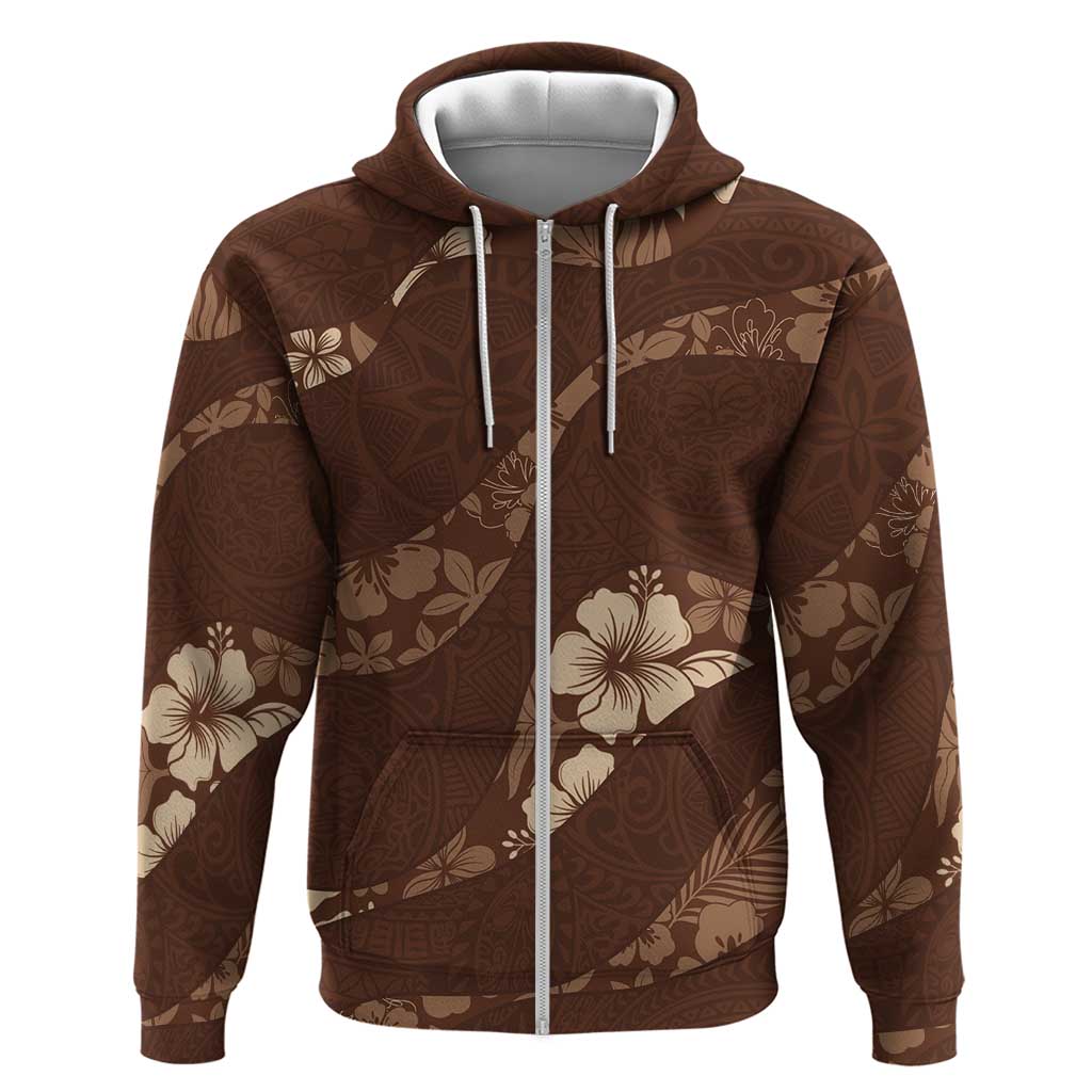 Aloha Hawaii Floral Tapa Zip Hoodie Patchwork Mocha LT7 Zip Hoodie Mocha - Polynesian Pride