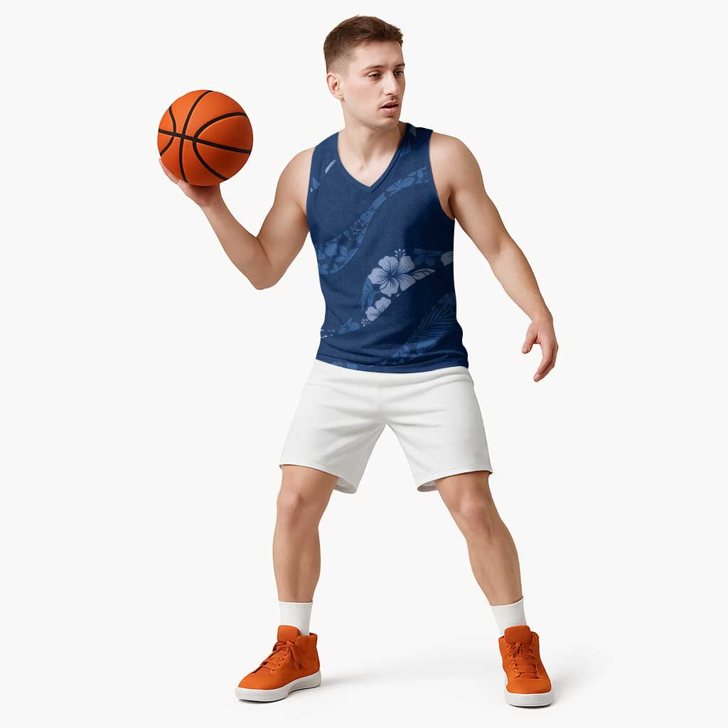 Aloha Hawaii Floral Tapa Basketball Jersey Patchwork Navy - Polynesian Pride
