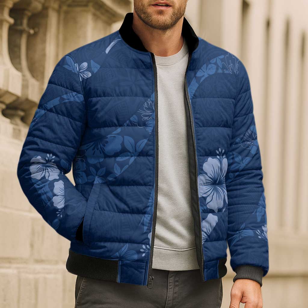 Aloha Hawaii Floral Tapa Bomber Puffer Jacket Patchwork Navy - Polynesian Pride