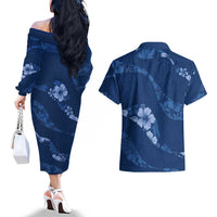 Aloha Hawaii Floral Tapa Couples Matching Off The Shoulder Long Sleeve Dress and Hawaiian Shirt Patchwork Navy LT7 - Polynesian Pride