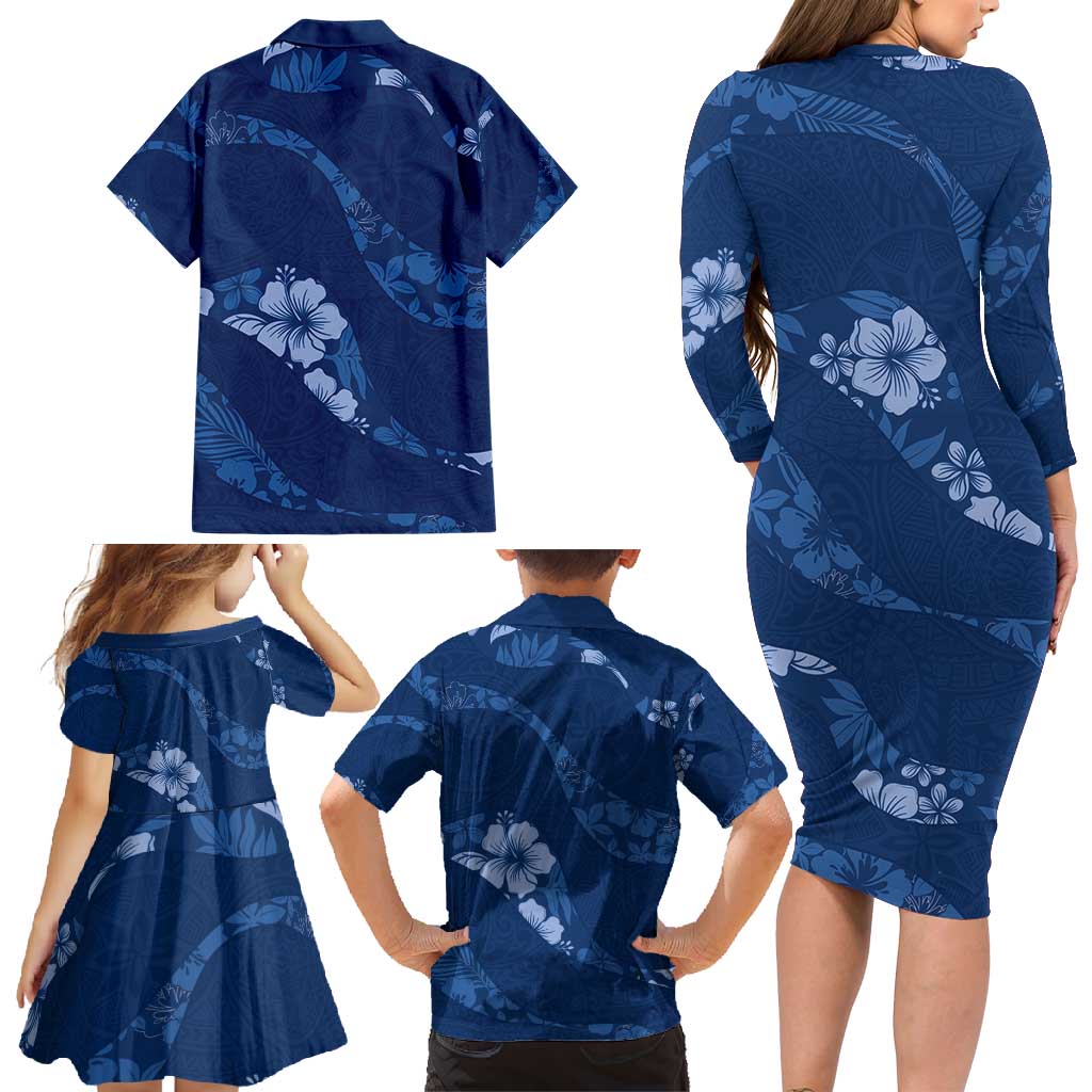 Aloha Hawaii Floral Tapa Family Matching Long Sleeve Bodycon Dress and Hawaiian Shirt Patchwork Navy LT7 - Polynesian Pride