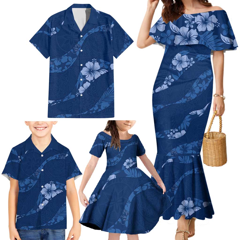 Aloha Hawaii Floral Tapa Family Matching Mermaid Dress and Hawaiian Shirt Patchwork Navy LT7 - Polynesian Pride