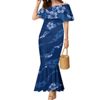 Aloha Hawaii Floral Tapa Family Matching Mermaid Dress and Hawaiian Shirt Patchwork Navy LT7 Mom's Dress Navy - Polynesian Pride