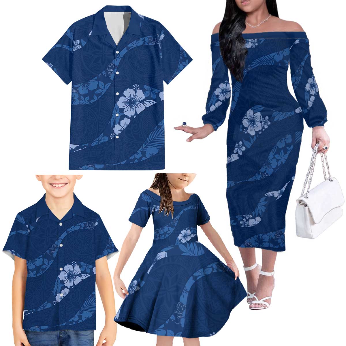 Aloha Hawaii Floral Tapa Family Matching Off The Shoulder Long Sleeve Dress and Hawaiian Shirt Patchwork Navy LT7 - Polynesian Pride