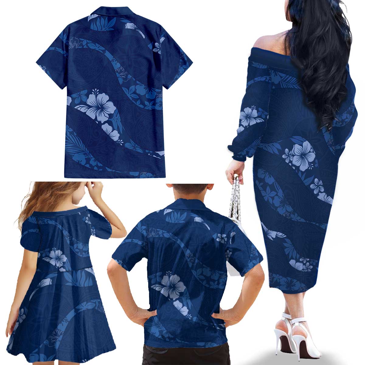Aloha Hawaii Floral Tapa Family Matching Off The Shoulder Long Sleeve Dress and Hawaiian Shirt Patchwork Navy LT7 - Polynesian Pride