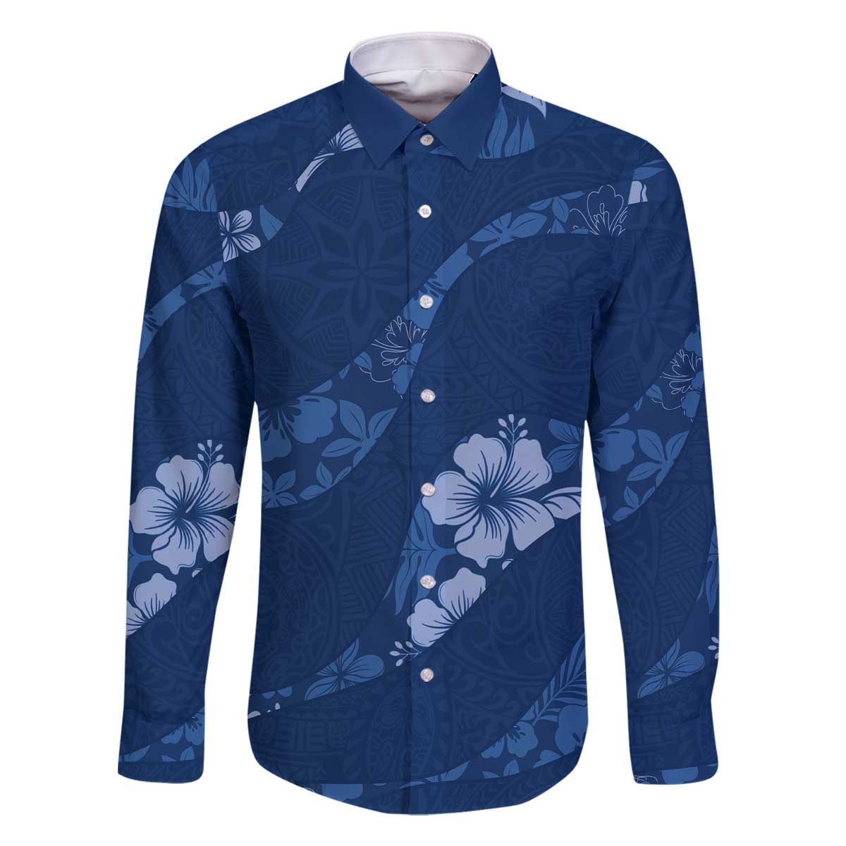 Aloha Hawaii Floral Tapa Family Matching Off The Shoulder Long Sleeve Dress and Hawaiian Shirt Patchwork Navy LT7 Dad's Shirt - Long Sleeve Navy - Polynesian Pride