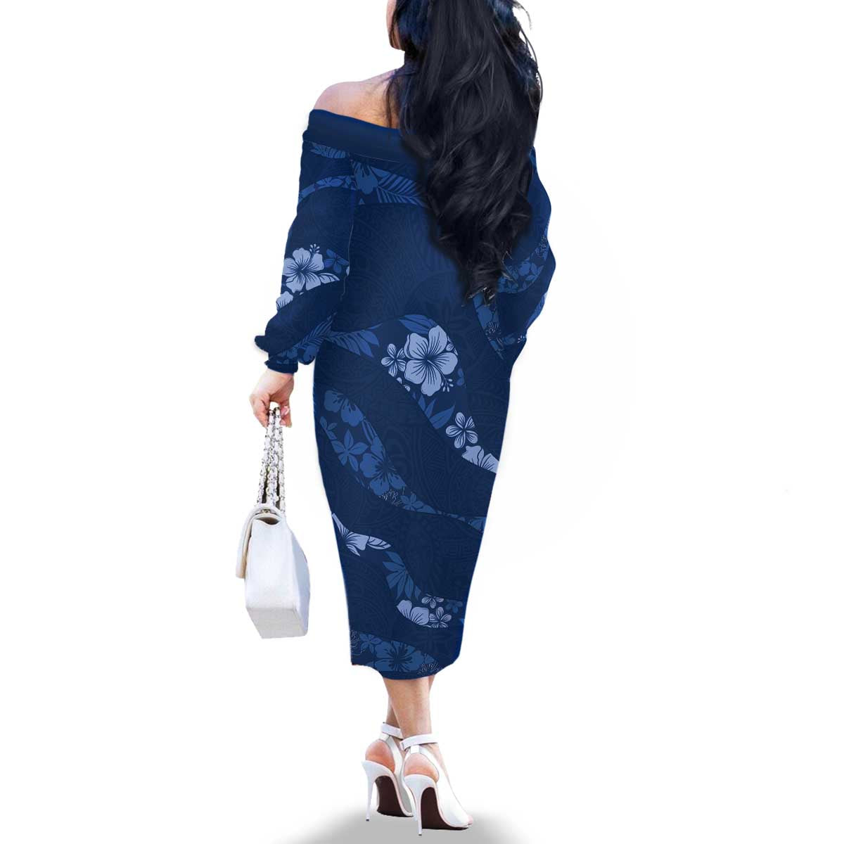 Aloha Hawaii Floral Tapa Family Matching Off The Shoulder Long Sleeve Dress and Hawaiian Shirt Patchwork Navy LT7 - Polynesian Pride