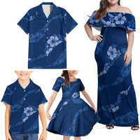 Aloha Hawaii Floral Tapa Family Matching Off Shoulder Maxi Dress and Hawaiian Shirt Patchwork Navy LT7 - Polynesian Pride