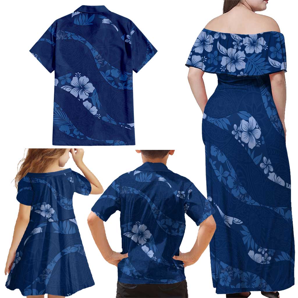 Aloha Hawaii Floral Tapa Family Matching Off Shoulder Maxi Dress and Hawaiian Shirt Patchwork Navy LT7 - Polynesian Pride