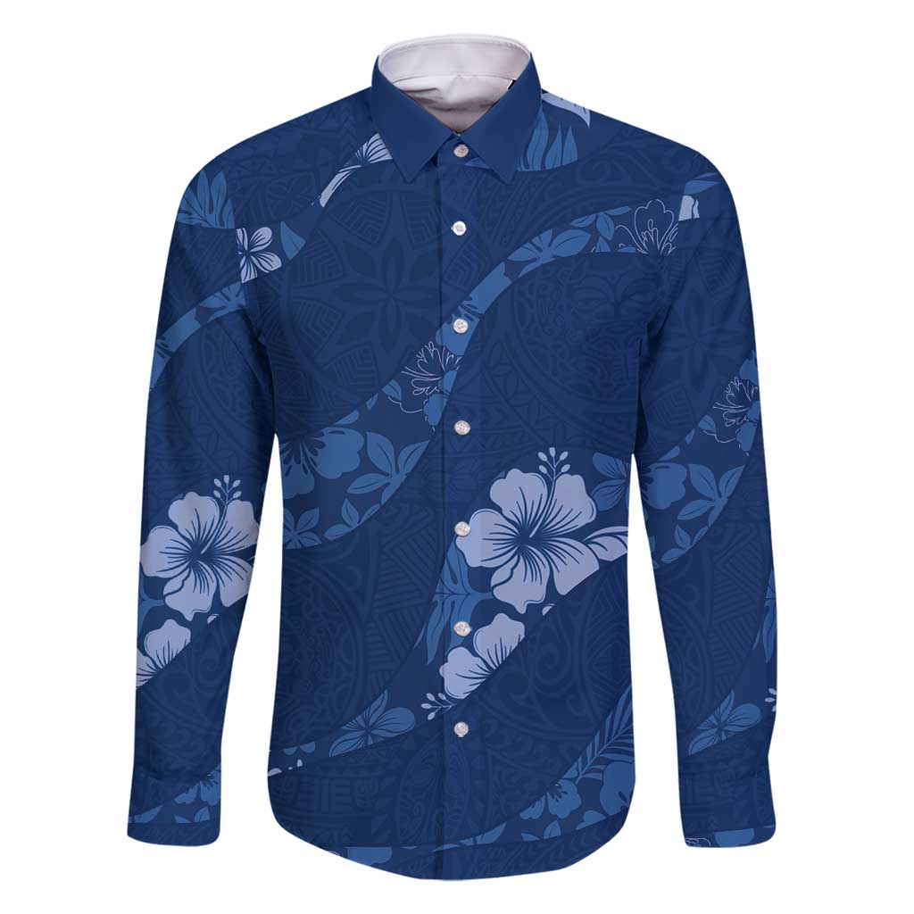 Aloha Hawaii Floral Tapa Family Matching Off Shoulder Maxi Dress and Hawaiian Shirt Patchwork Navy LT7 Dad's Shirt - Long Sleeve Navy - Polynesian Pride
