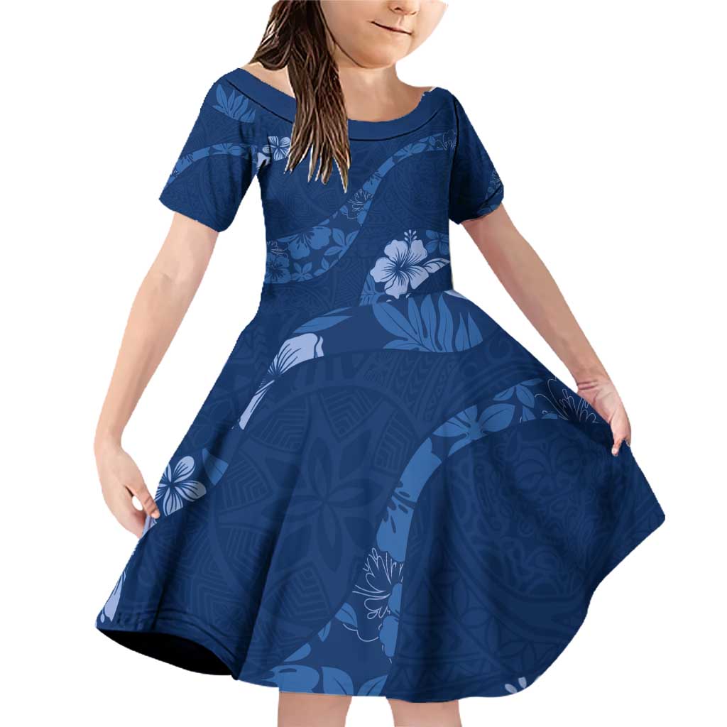 Aloha Hawaii Floral Tapa Family Matching Off Shoulder Short Dress and Hawaiian Shirt Patchwork Navy LT7 Daughter's Dress Navy - Polynesian Pride