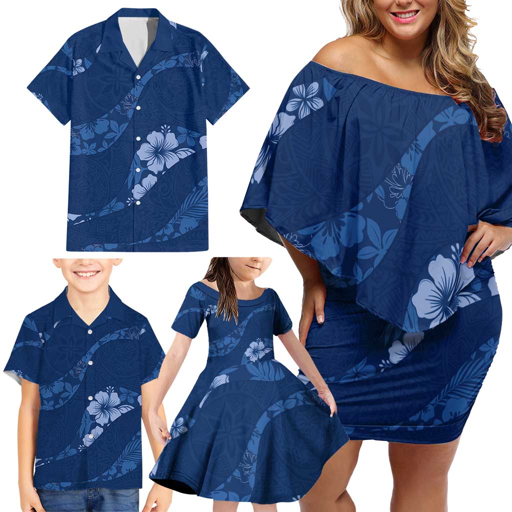Aloha Hawaii Floral Tapa Family Matching Off Shoulder Short Dress and Hawaiian Shirt Patchwork Navy LT7 - Polynesian Pride