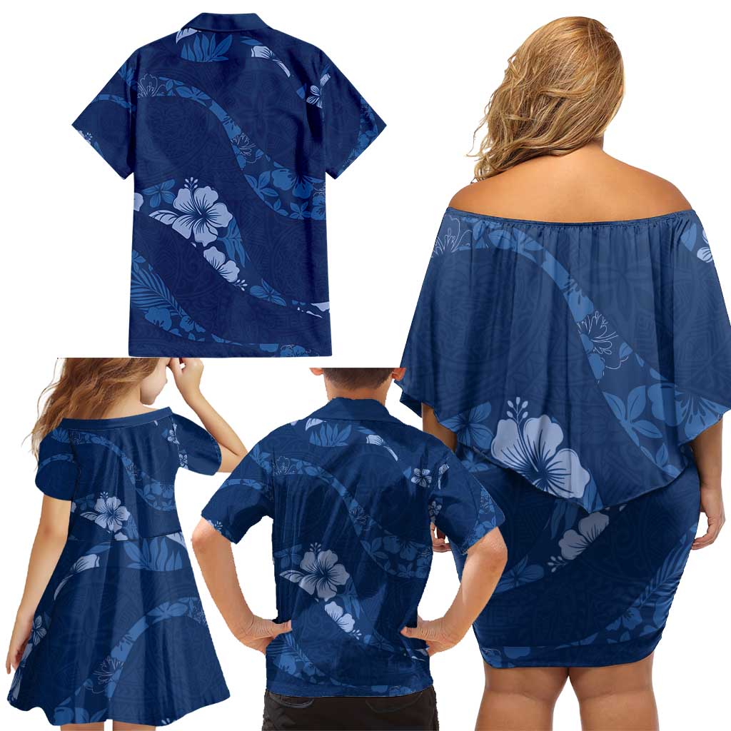 Aloha Hawaii Floral Tapa Family Matching Off Shoulder Short Dress and Hawaiian Shirt Patchwork Navy LT7 - Polynesian Pride
