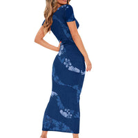 Aloha Hawaii Floral Tapa Family Matching Short Sleeve Bodycon Dress and Hawaiian Shirt Patchwork Navy LT7 - Polynesian Pride