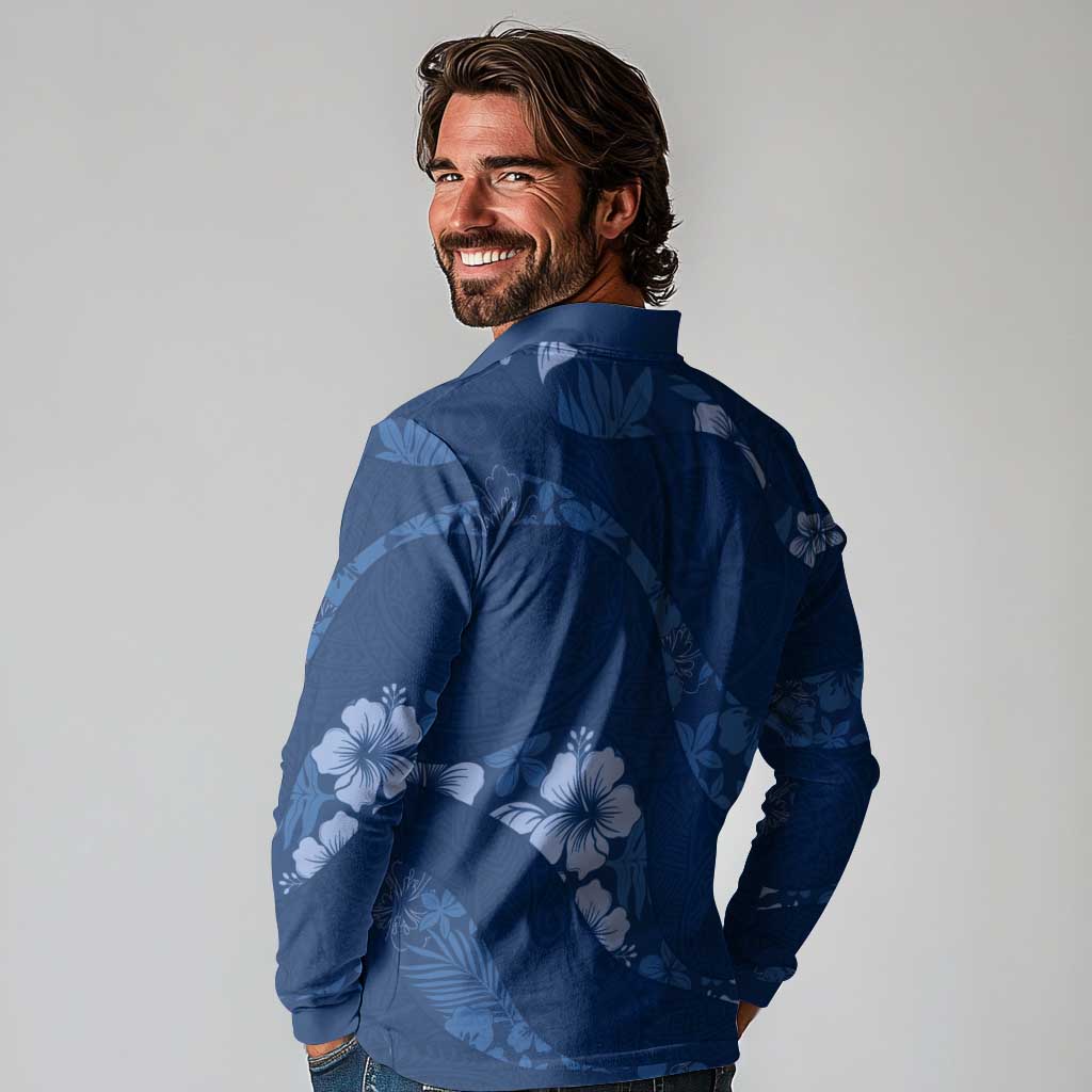 Aloha Hawaii Floral Tapa Long Sleeve Polo Shirt Patchwork Navy - Polynesian Pride