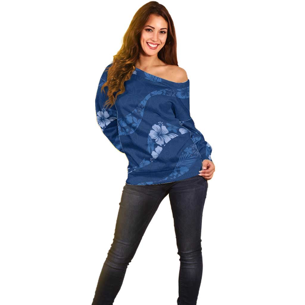 Aloha Hawaii Floral Tapa Off Shoulder Sweater Patchwork Navy - Polynesian Pride