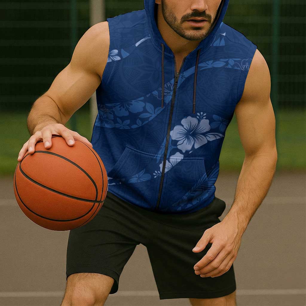 Aloha Hawaii Floral Tapa Sleeveless Zip Hoodie Patchwork Navy LT7