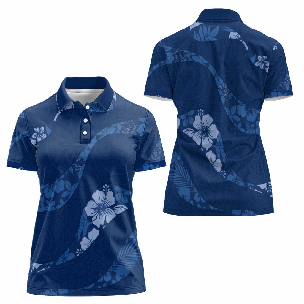 Aloha Hawaii Floral Tapa Women Polo Shirt Patchwork Navy - Polynesian Pride