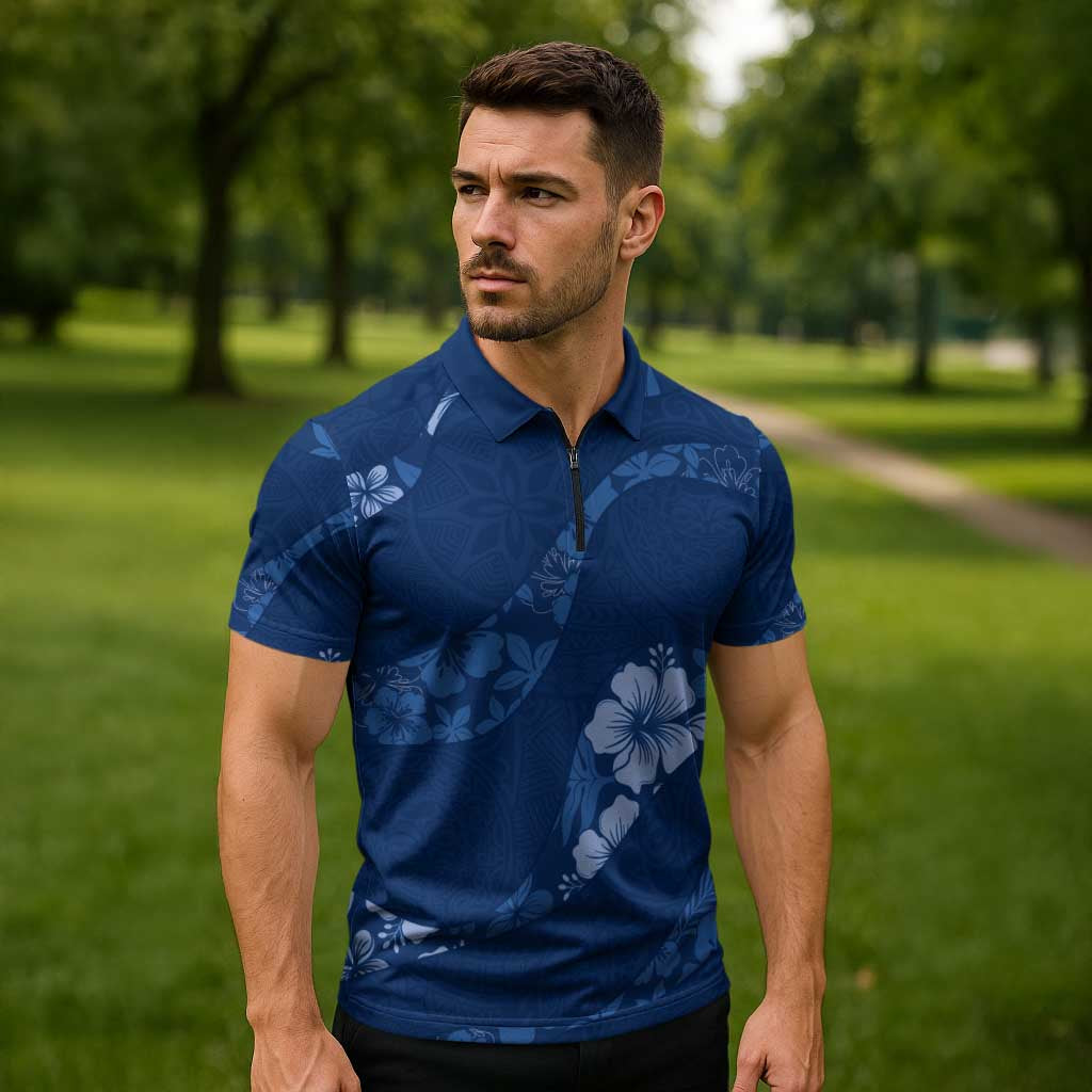 Aloha Hawaii Floral Tapa Zipper Polo Shirt Patchwork Navy - Polynesian Pride
