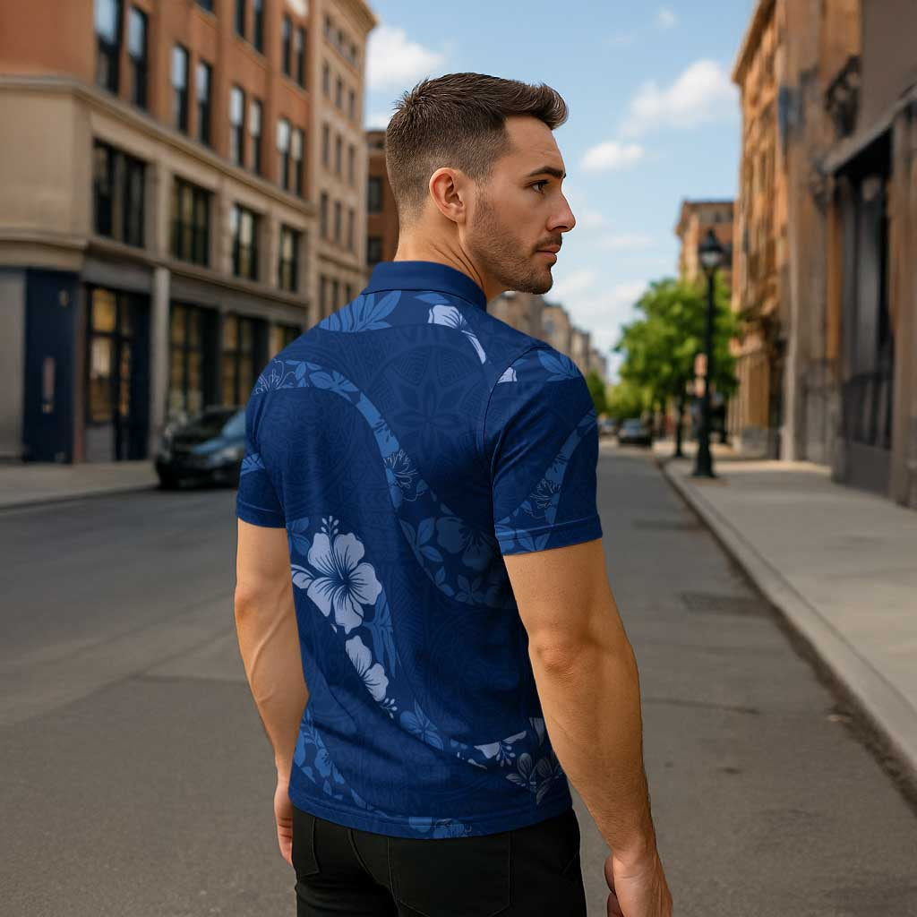 Aloha Hawaii Floral Tapa Zipper Polo Shirt Patchwork Navy - Polynesian Pride