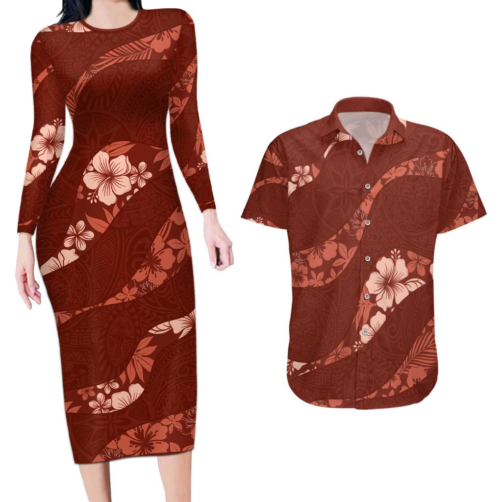 Aloha Hawaii Floral Tapa Couples Matching Long Sleeve Bodycon Dress and Hawaiian Shirt Patchwork Crimson LT7 Crimson - Polynesian Pride