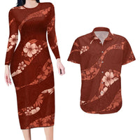 Aloha Hawaii Floral Tapa Couples Matching Long Sleeve Bodycon Dress and Hawaiian Shirt Patchwork Crimson LT7 Crimson - Polynesian Pride