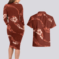 Aloha Hawaii Floral Tapa Couples Matching Long Sleeve Bodycon Dress and Hawaiian Shirt Patchwork Crimson LT7 - Polynesian Pride