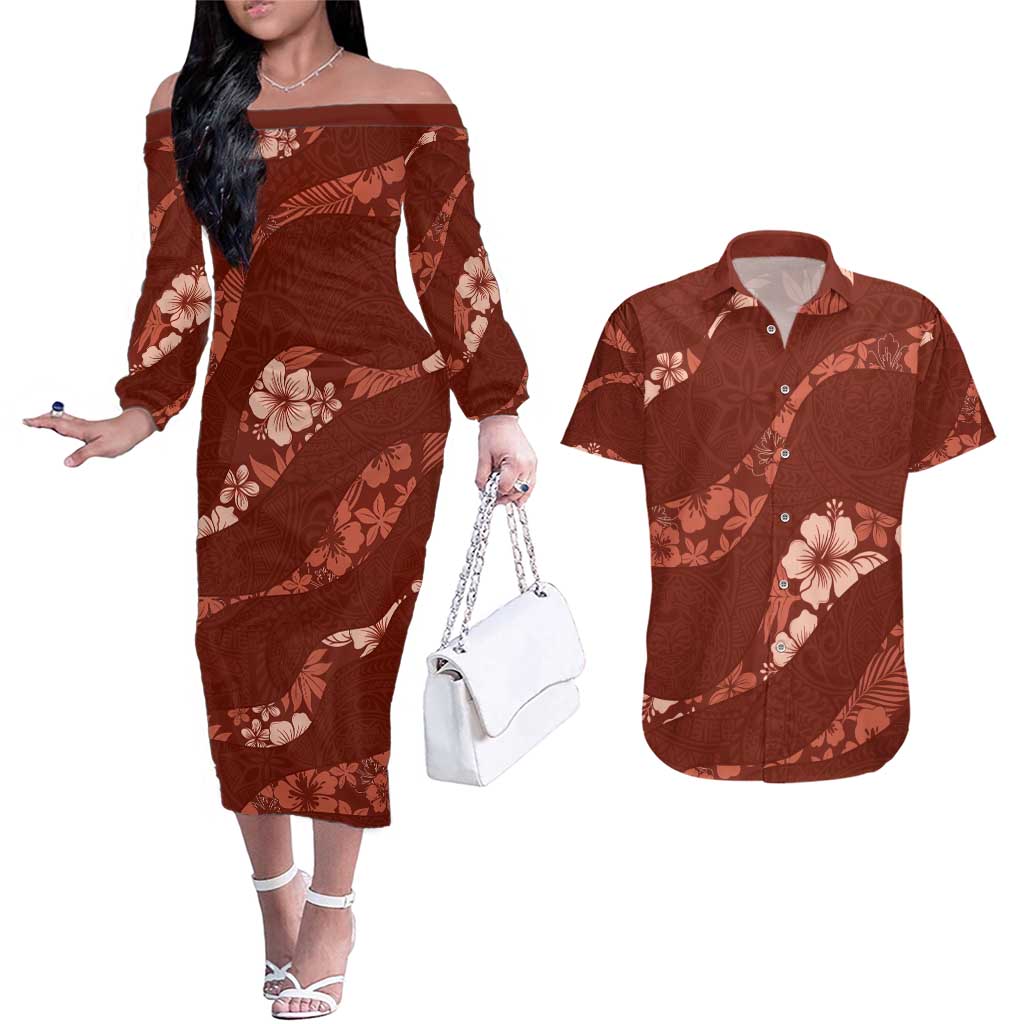 Aloha Hawaii Floral Tapa Couples Matching Off The Shoulder Long Sleeve Dress and Hawaiian Shirt Patchwork Crimson LT7 Crimson - Polynesian Pride