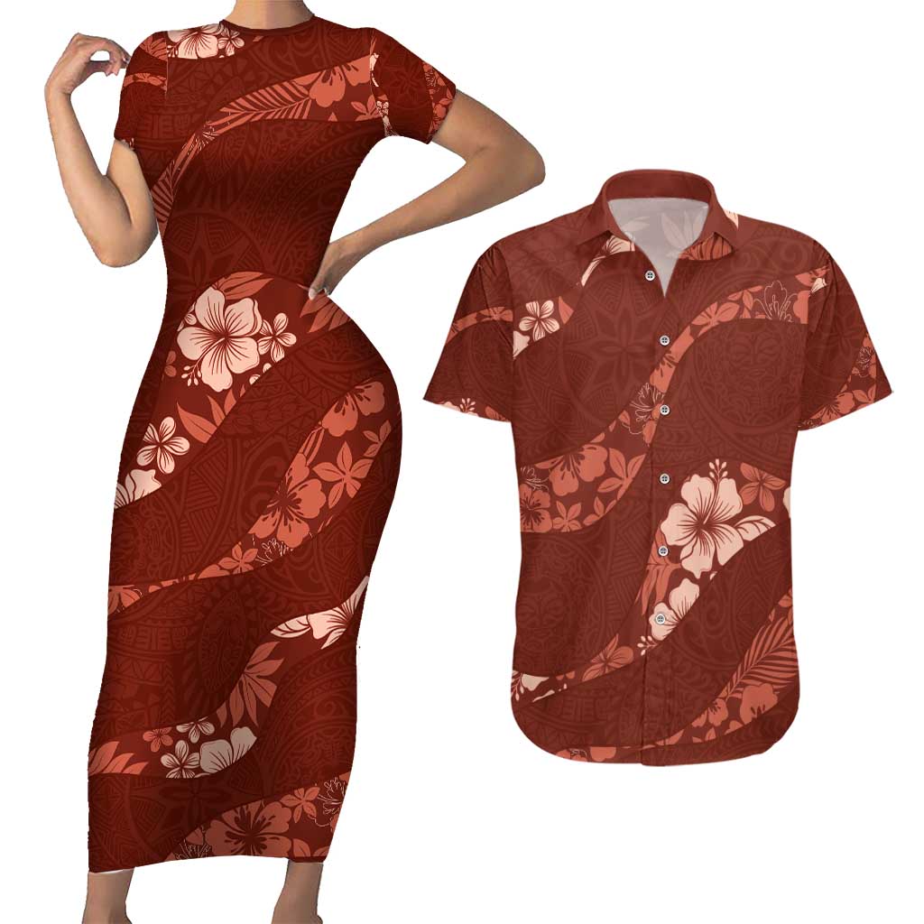 Aloha Hawaii Floral Tapa Couples Matching Short Sleeve Bodycon Dress and Hawaiian Shirt Patchwork Crimson LT7 Crimson - Polynesian Pride