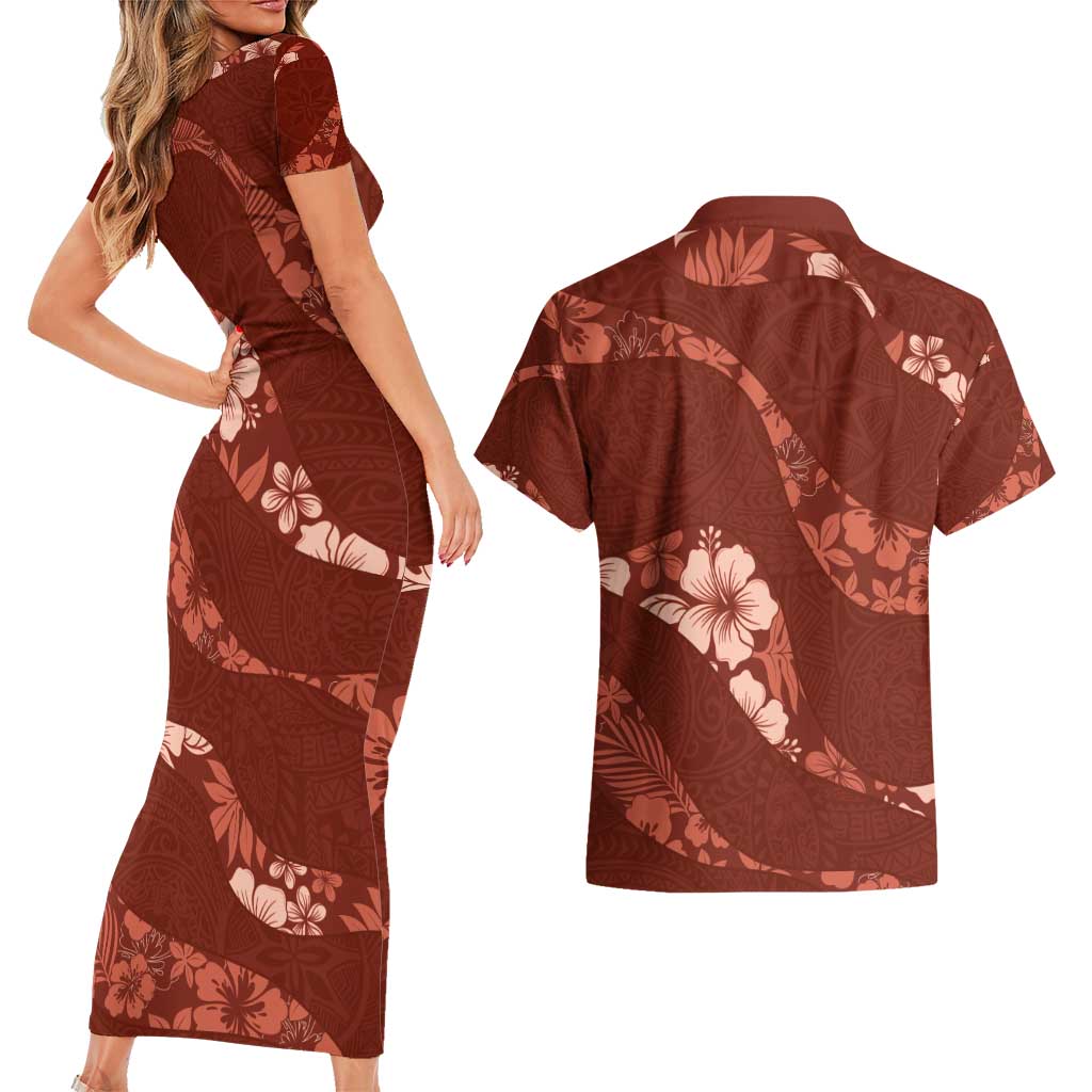 Aloha Hawaii Floral Tapa Couples Matching Short Sleeve Bodycon Dress and Hawaiian Shirt Patchwork Crimson LT7 - Polynesian Pride